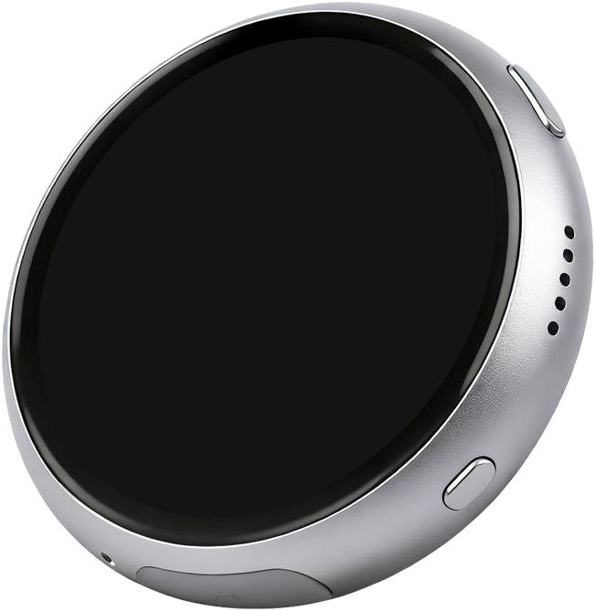 The YUNI device — a circular touchscreen in a brushed metal body